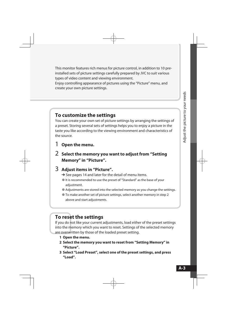 To customize the settings, To reset the settings | JVC LT-32WX50EU User Manual | Page 22 / 78