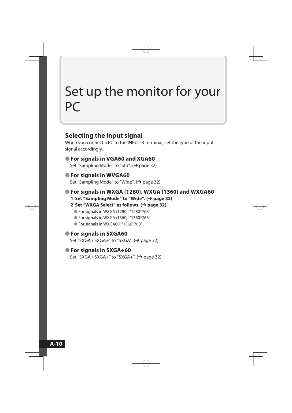 Set up the monitor for your pc, Selecting the input signal | JVC LT-32WX50EU User Manual | Page 29 / 78