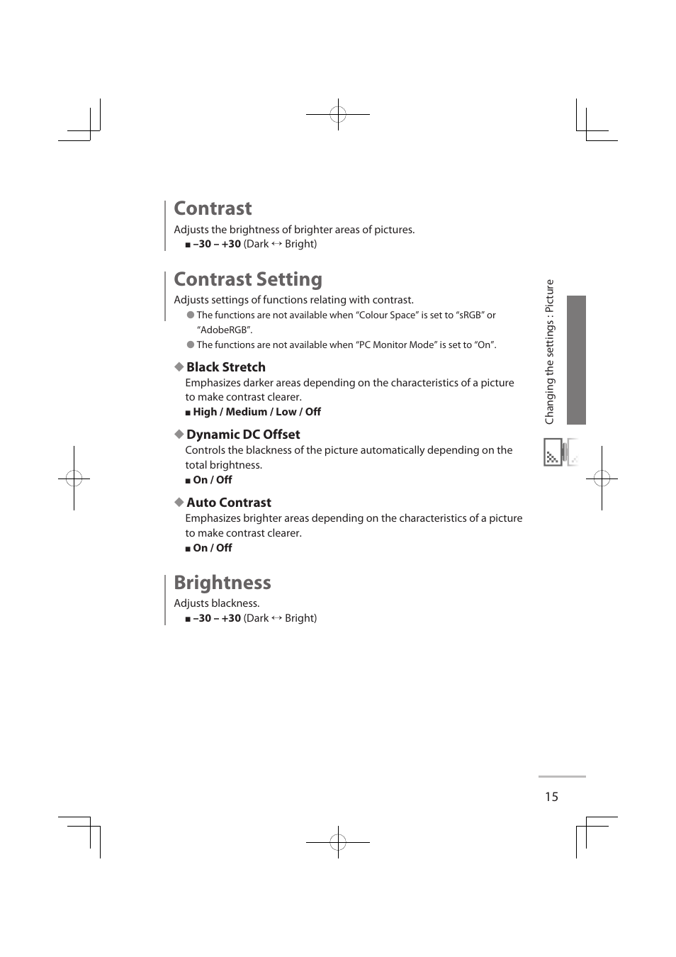 Contrast, Contrast setting, Brightness | JVC LT-32WX50EU User Manual | Page 34 / 78