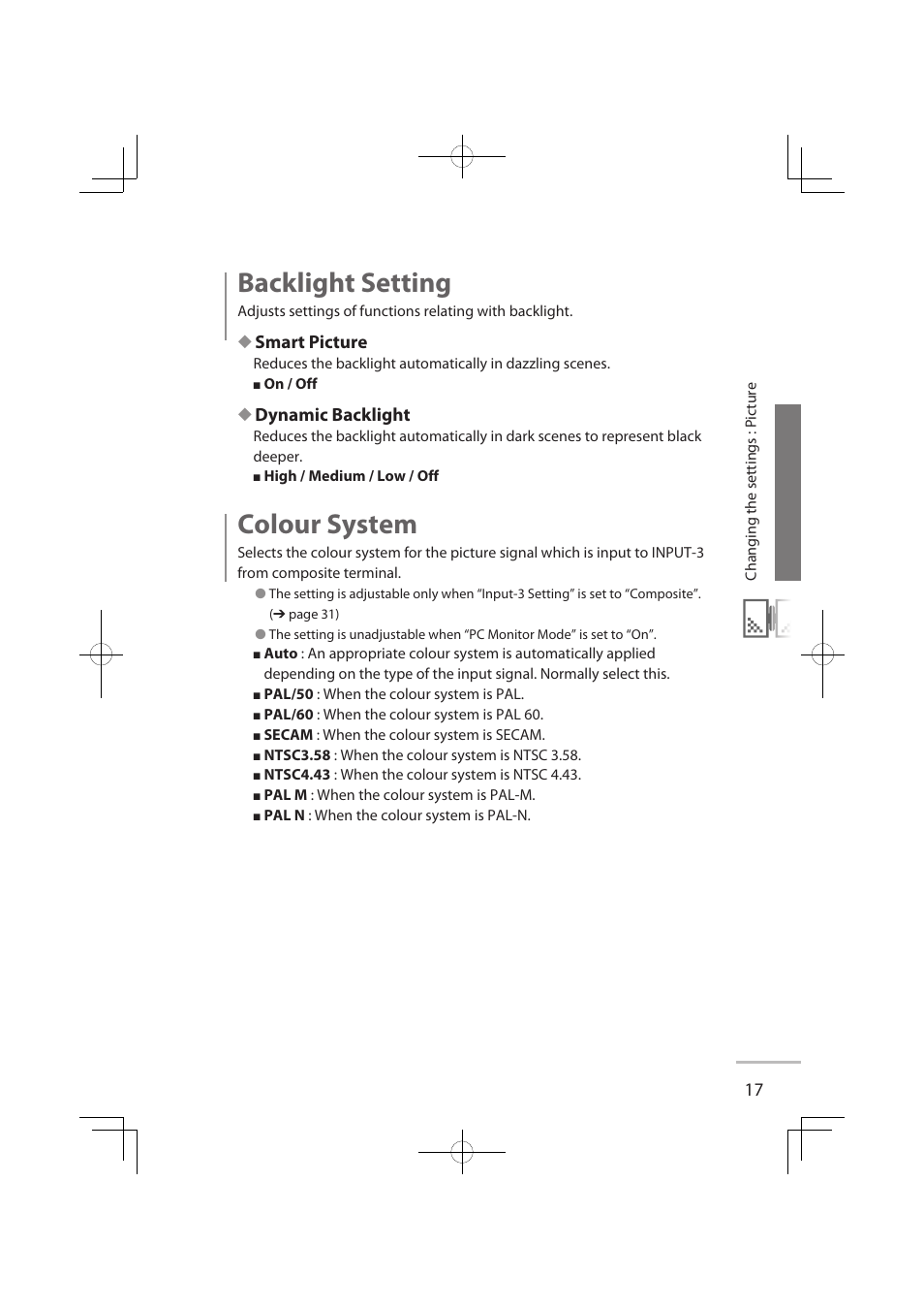 Backlight setting, Colour system, Smart picture | Dynamic backlight | JVC LT-32WX50EU User Manual | Page 36 / 78