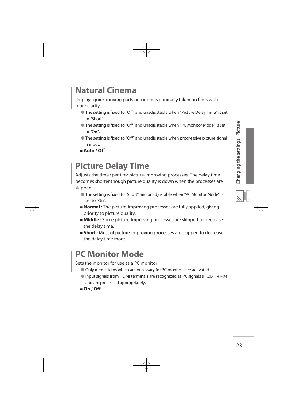 Natural cinema, Picture delay time, Pc monitor mode | JVC LT-32WX50EU User Manual | Page 42 / 78