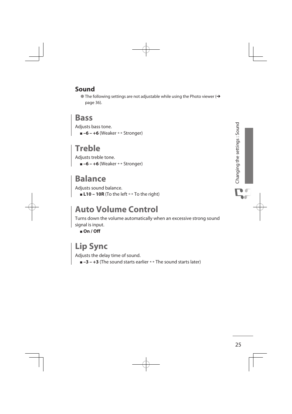 Sound, Bass, Treble | Balance, Auto volume control, Lip sync | JVC LT-32WX50EU User Manual | Page 44 / 78