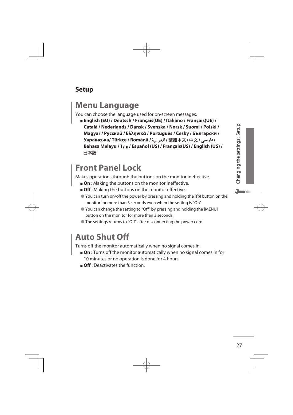 Setup, Menu language, Front panel lock | Auto shut off | JVC LT-32WX50EU User Manual | Page 46 / 78