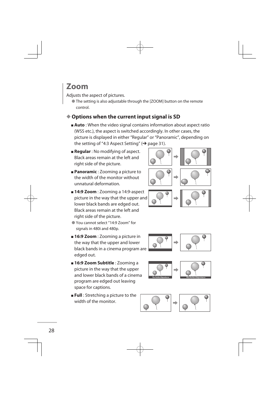 Zoom, Options when the current input signal is sd | JVC LT-32WX50EU User Manual | Page 47 / 78