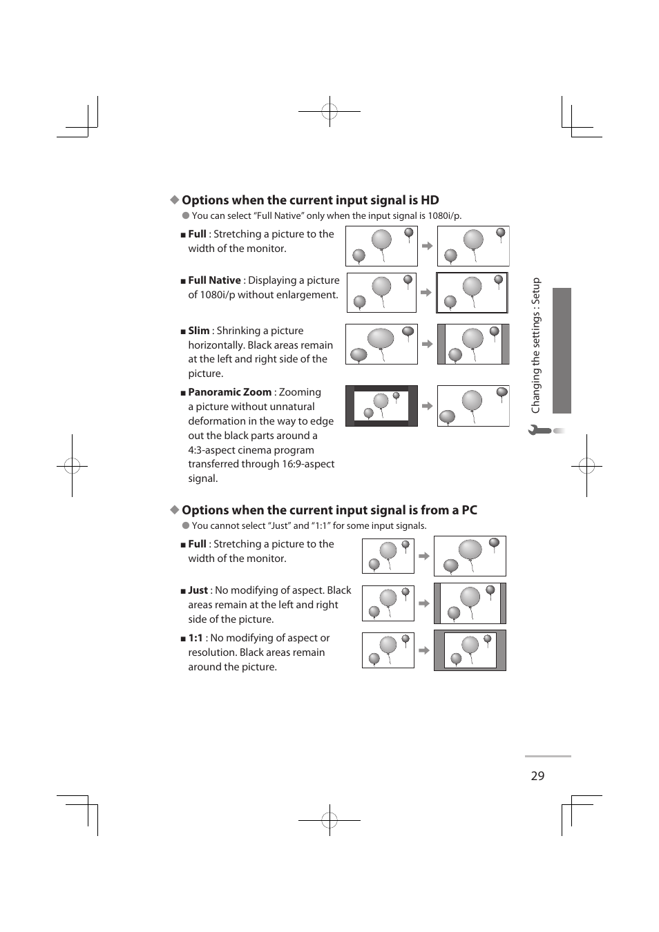 Options when the current input signal is hd, Options when the current input signal is from a pc | JVC LT-32WX50EU User Manual | Page 48 / 78