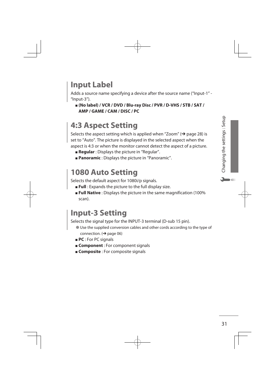 Input label, 3 aspect setting, 1080 auto setting | Input-3 setting | JVC LT-32WX50EU User Manual | Page 50 / 78