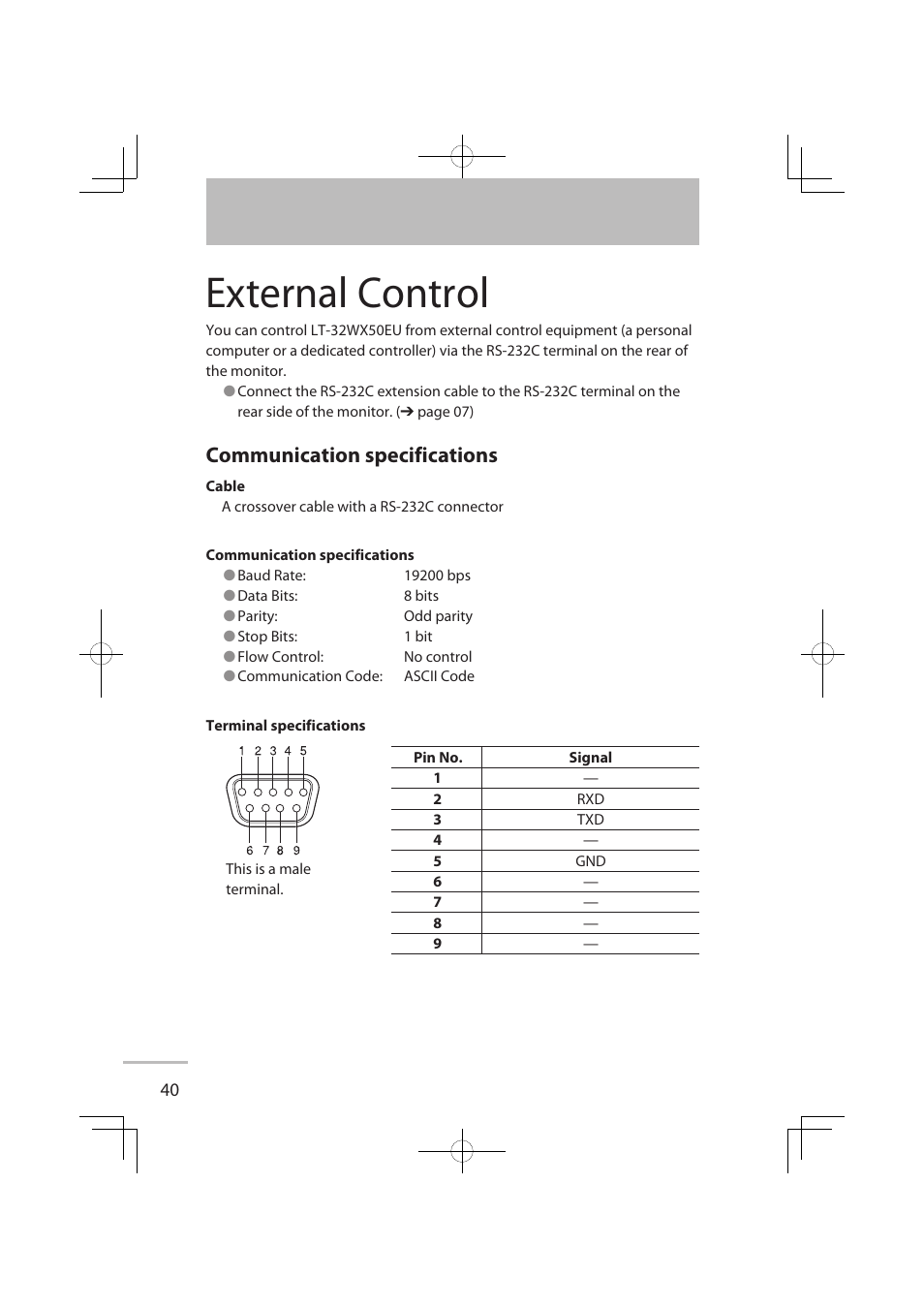 External control, Communication specifications | JVC LT-32WX50EU User Manual | Page 59 / 78