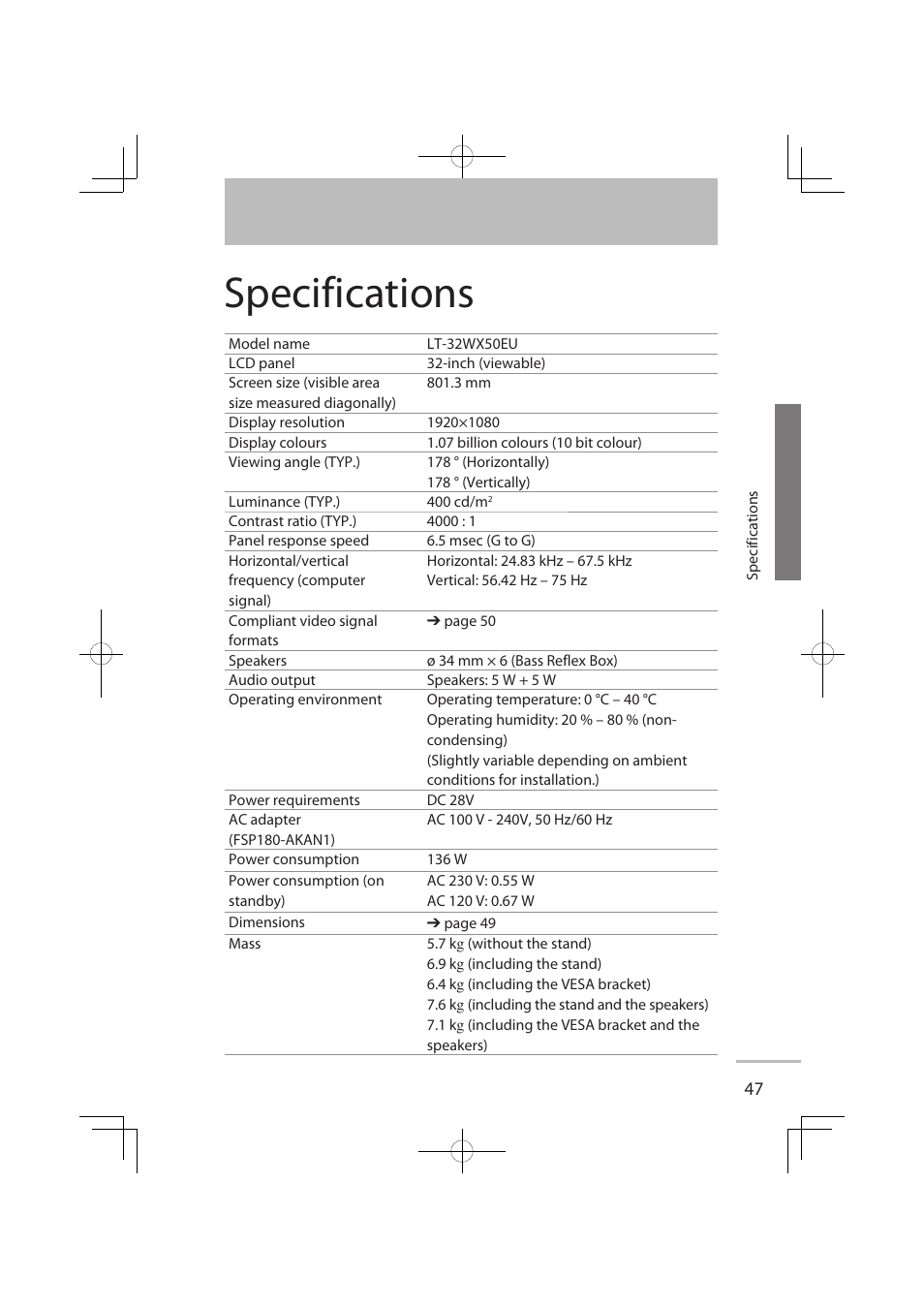 Specifications | JVC LT-32WX50EU User Manual | Page 66 / 78