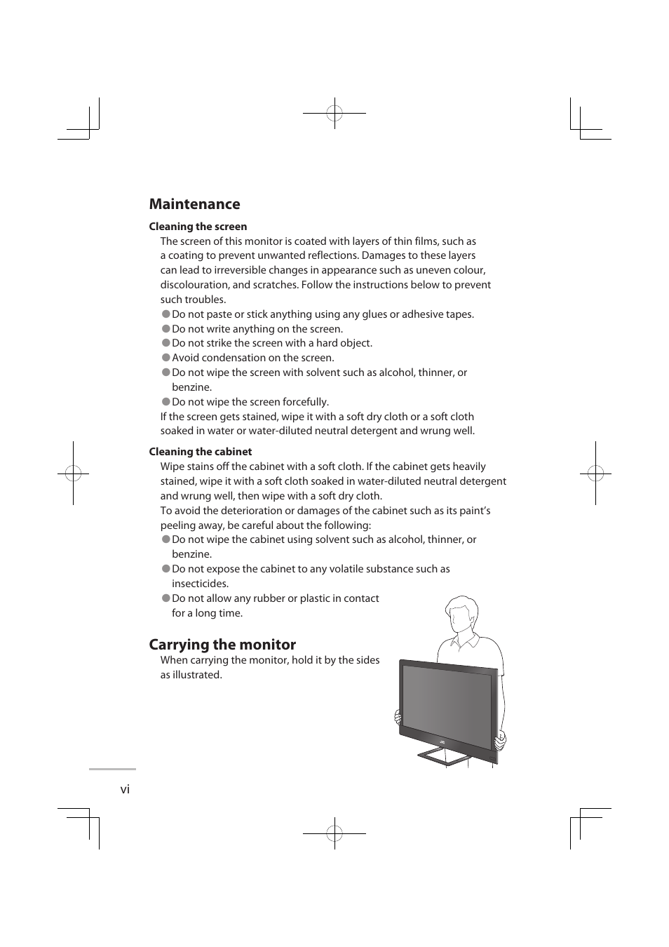 Maintenance, Carrying the monitor | JVC LT-32WX50EU User Manual | Page 7 / 78