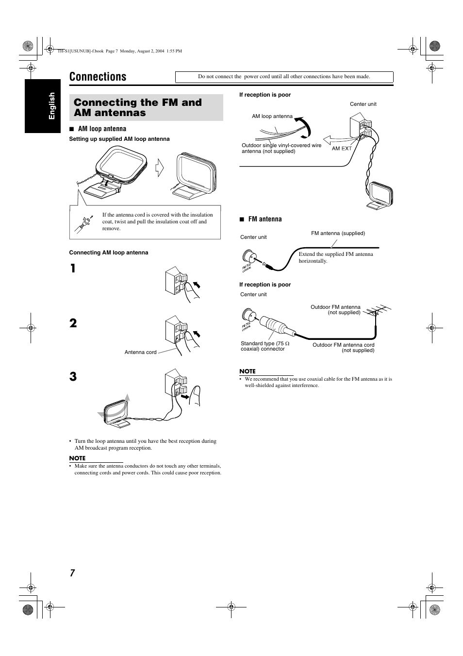 Connections, Connecting the fm and am antennas | JVC GVT0141-003A User Manual | Page 10 / 86