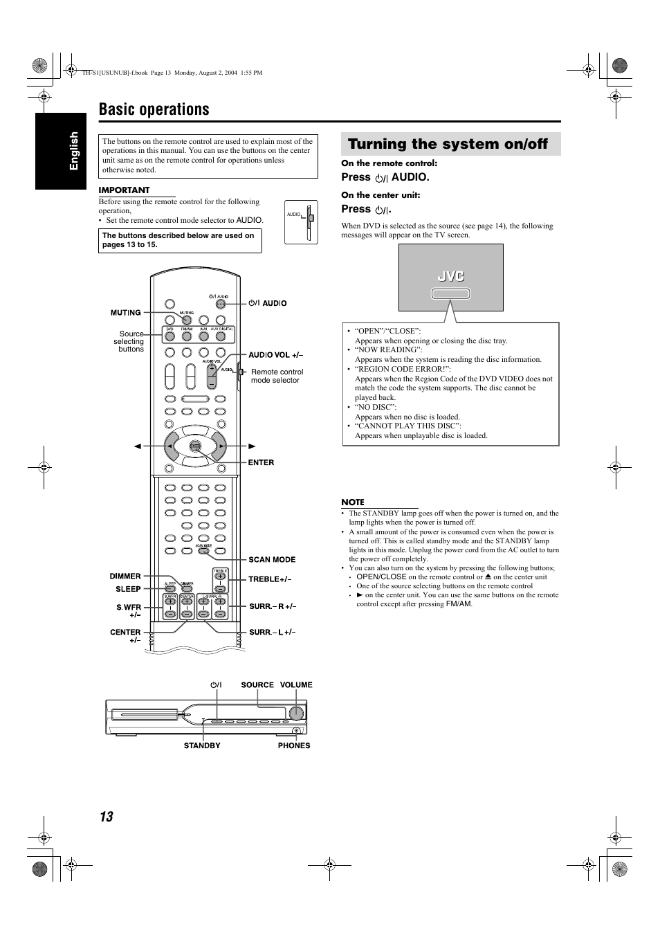 Basic operations, Turning the system on/off, Press audio | Press | JVC GVT0141-003A User Manual | Page 16 / 86