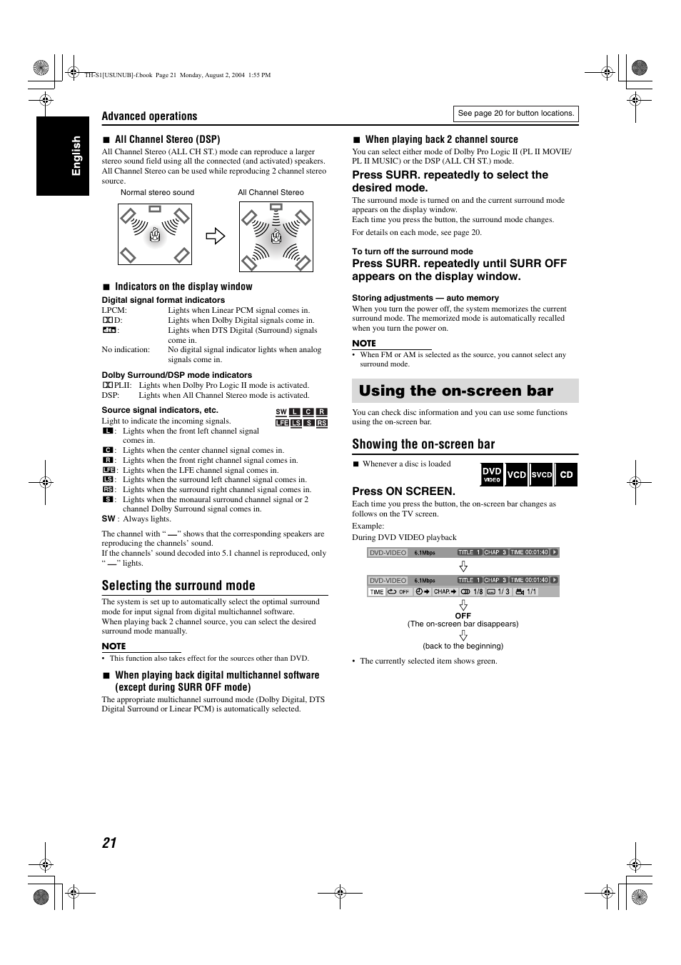 Using the on-screen bar, Selecting the surround mode, Showing the on-screen bar | JVC GVT0141-003A User Manual | Page 24 / 86