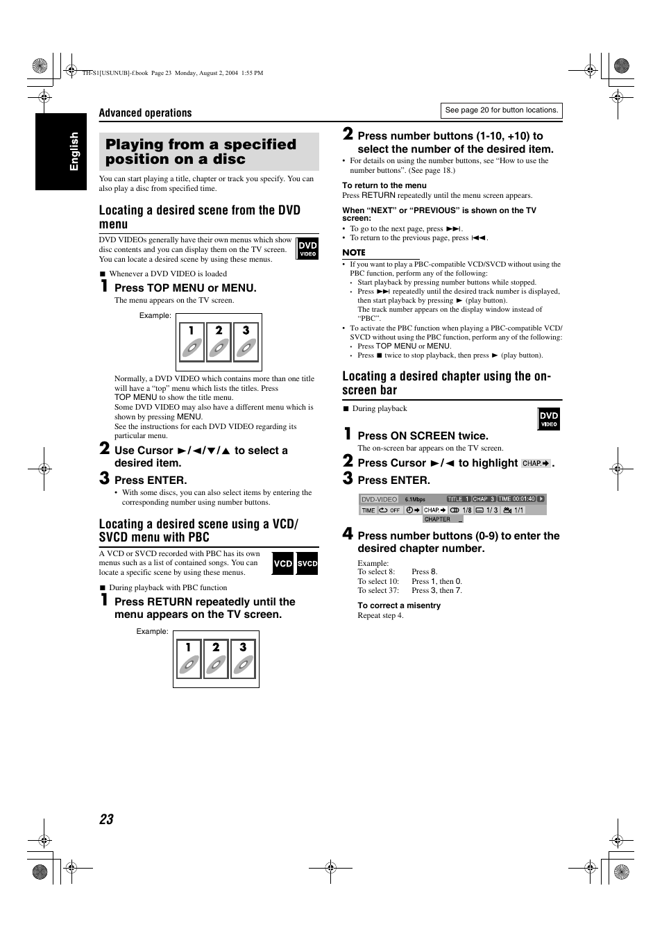 Playing from a specified position on a disc, Locating a desired scene from the dvd menu | JVC GVT0141-003A User Manual | Page 26 / 86