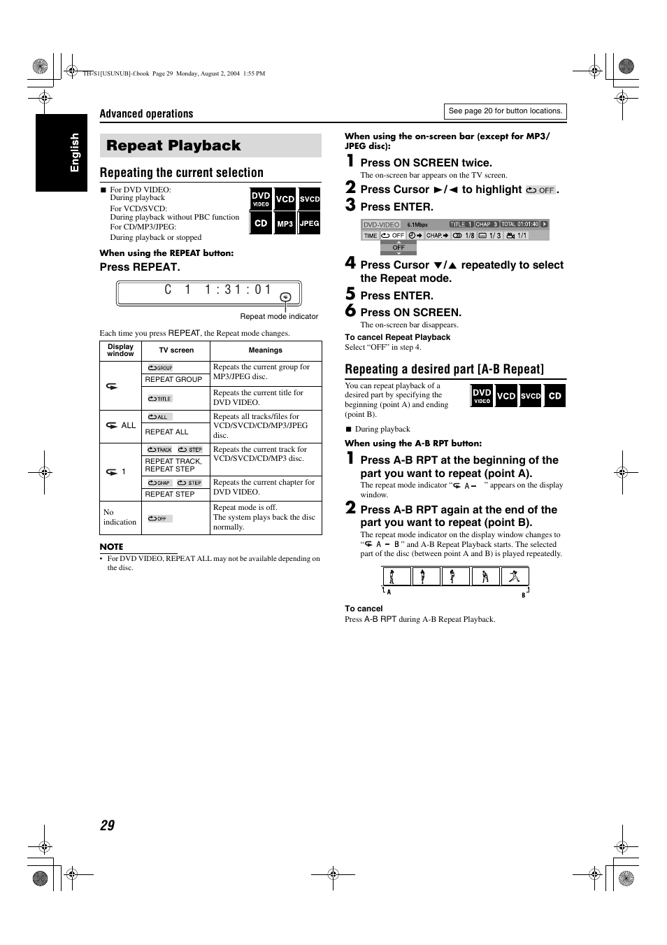 Repeat playback, Repeating the current selection, Repeating a desired part [a-b repeat | JVC GVT0141-003A User Manual | Page 32 / 86