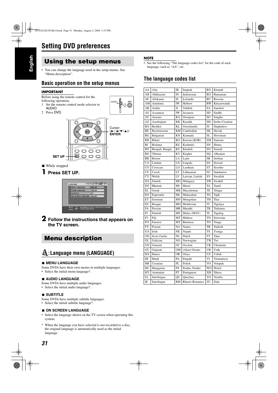 Setting dvd preferences, Using the setup menus menu description, Basic operation on the setup menus | Language menu (language), The language codes list, Press set up | JVC GVT0141-003A User Manual | Page 34 / 86