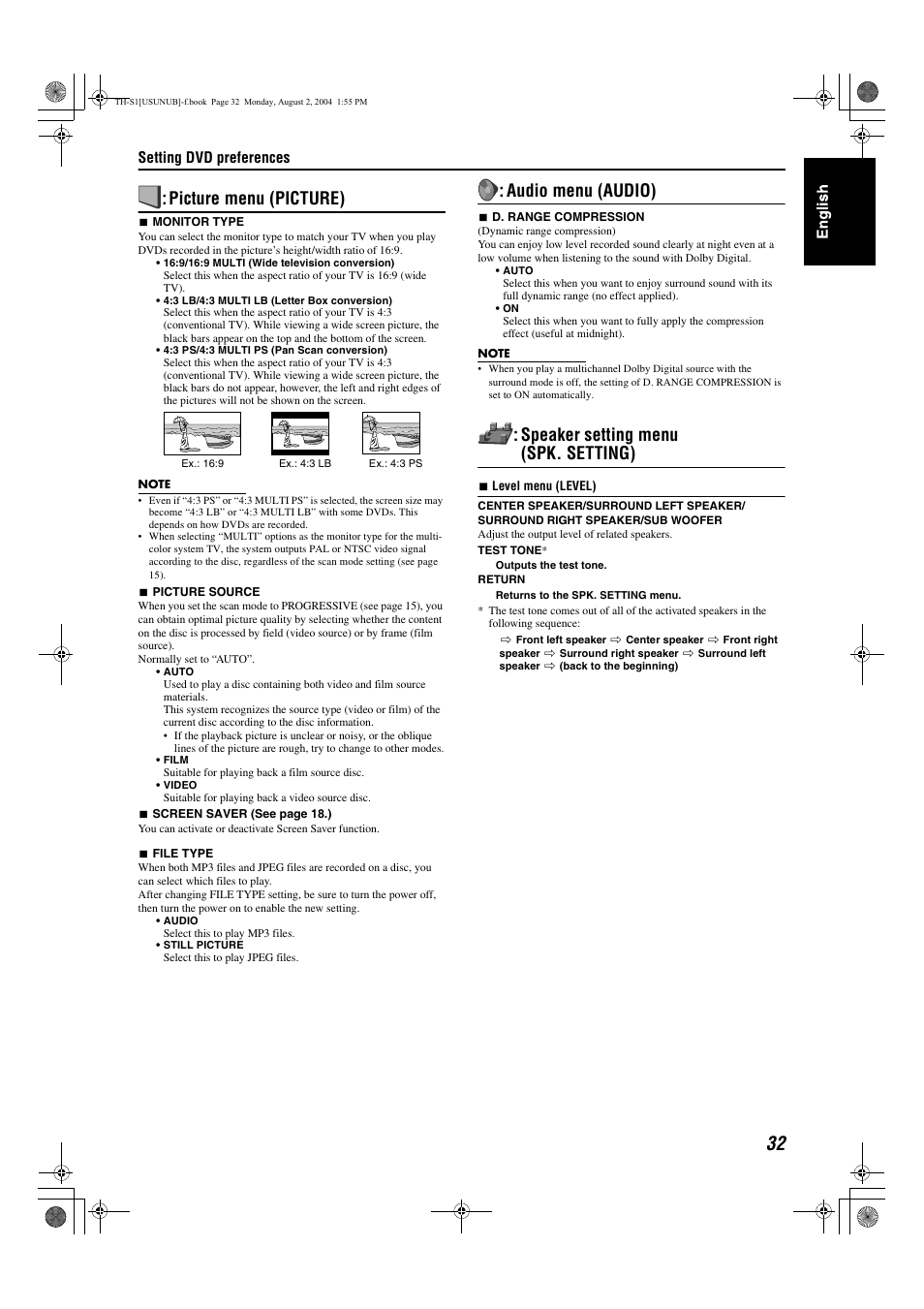 Picture menu (picture), Audio menu (audio), Speaker setting menu (spk. setting) | Setting dvd preferences | JVC GVT0141-003A User Manual | Page 35 / 86