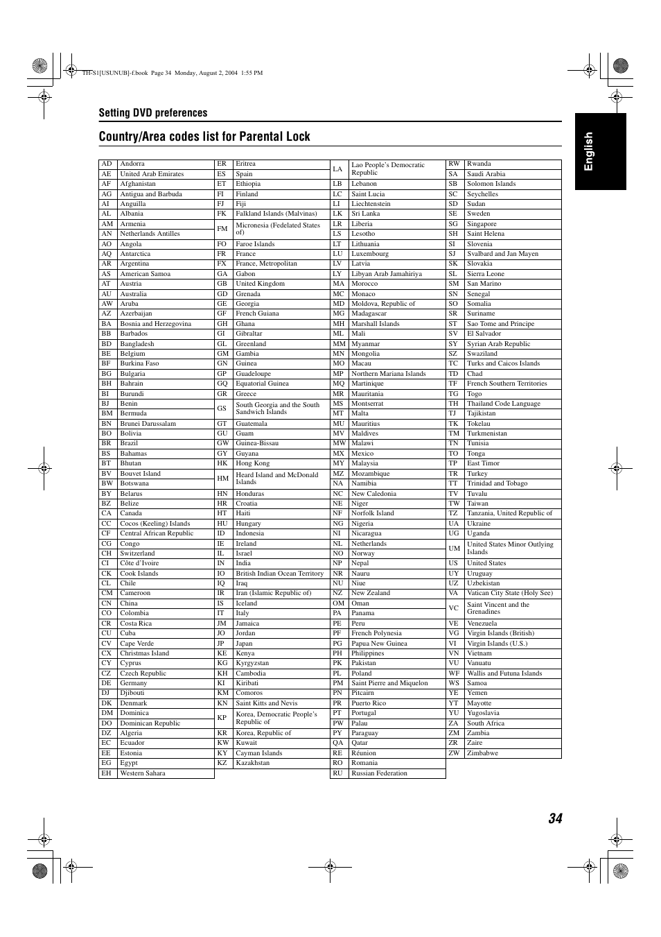 Country/area codes list for parental lock, Setting dvd preferences | JVC GVT0141-003A User Manual | Page 37 / 86