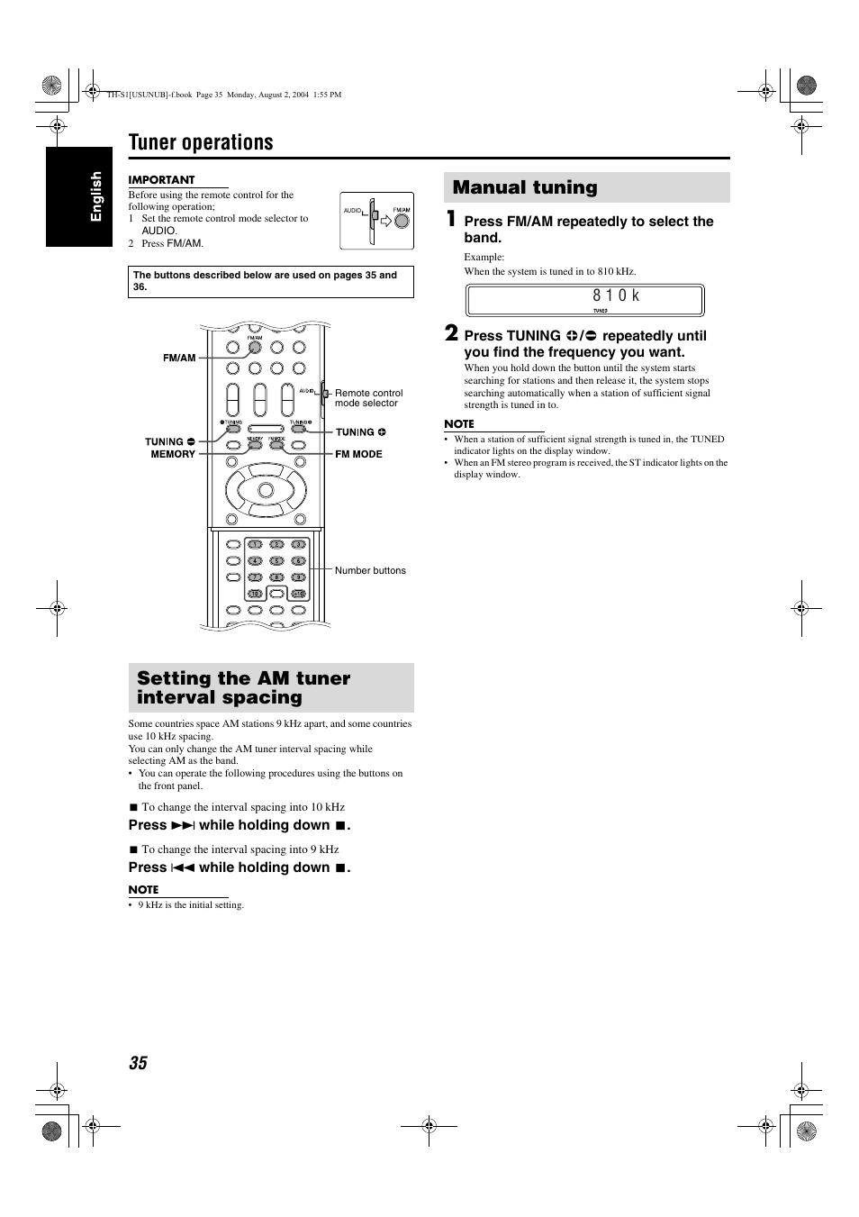 Tuner operations, Setting the am tuner interval spacing, Manual tuning | 8 1 0 k | JVC GVT0141-003A User Manual | Page 38 / 86