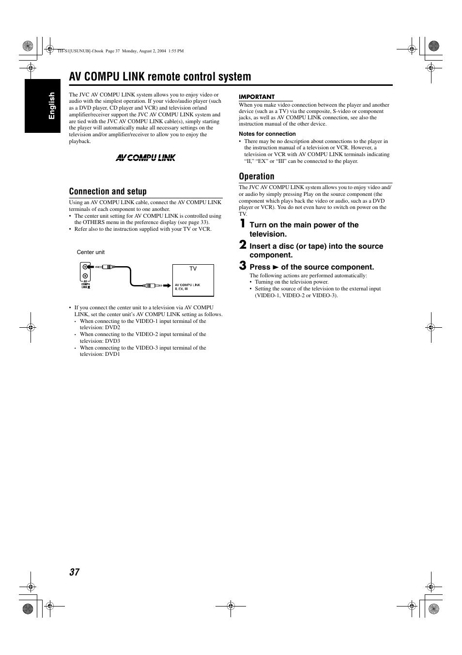 Av compu link remote control system, Connection and setup, Operation | JVC GVT0141-003A User Manual | Page 40 / 86