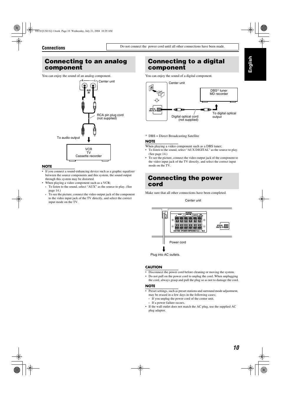Connecting to an analog component, Connections | JVC GVT0141-003A User Manual | Page 56 / 86