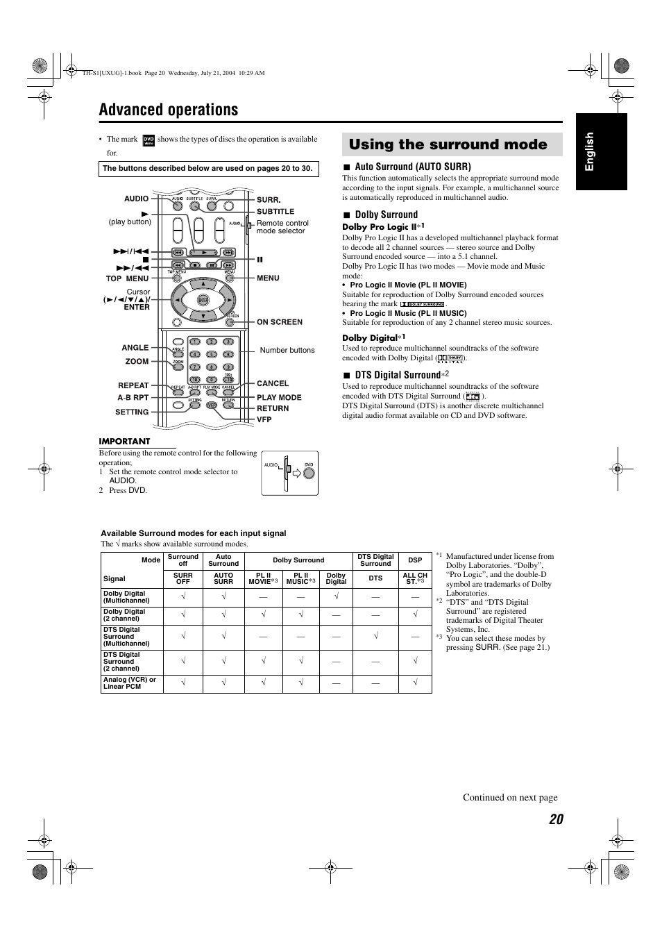 Advanced operations, Using the surround mode, 7auto surround (auto surr) | 7dolby surround, 7dts digital surround, Continued on next page | JVC GVT0141-003A User Manual | Page 66 / 86