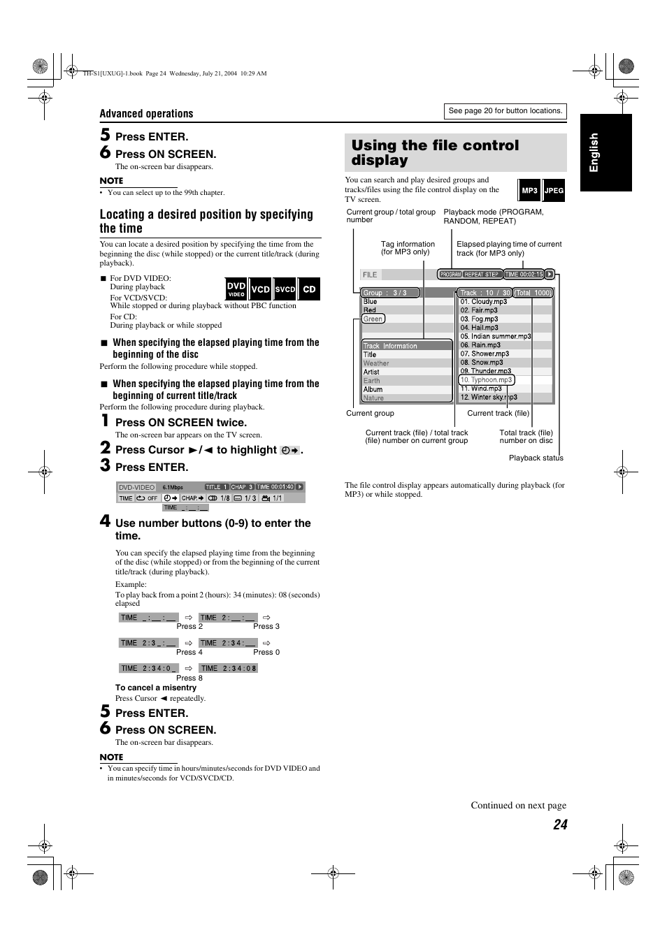 Using the file control display, Locating a desired position by specifying the time | JVC GVT0141-003A User Manual | Page 70 / 86