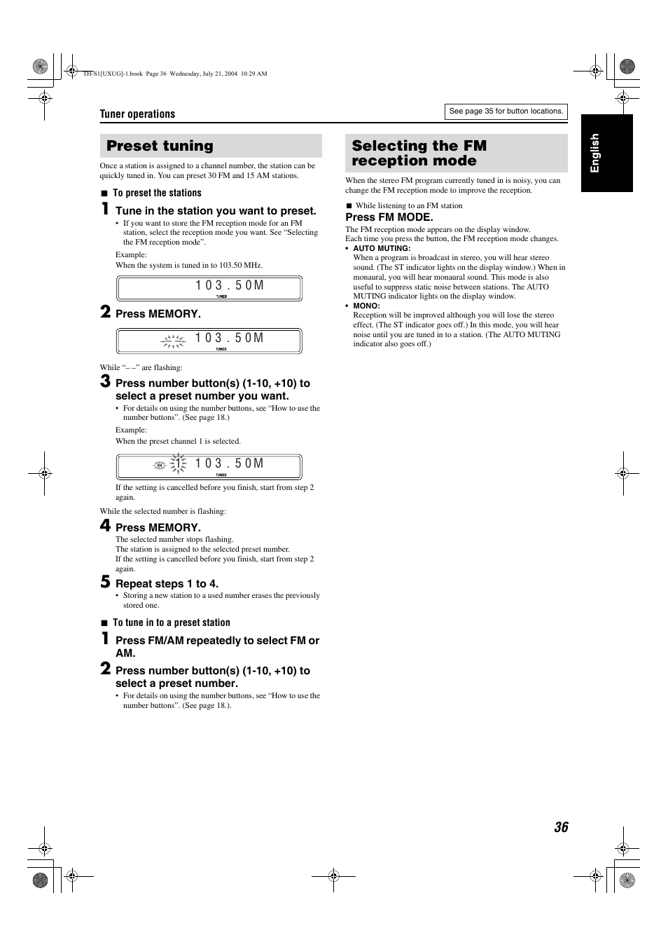 Preset tuning, Selecting the fm reception mode | JVC GVT0141-003A User Manual | Page 82 / 86