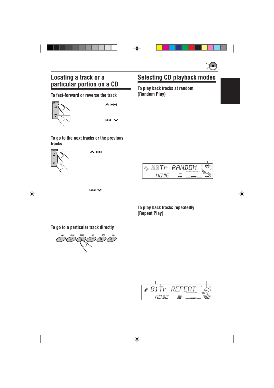 Locating a track or a particular portion on a cd, Selecting cd playback modes, English | JVC KD-LX330R User Manual | Page 17 / 44