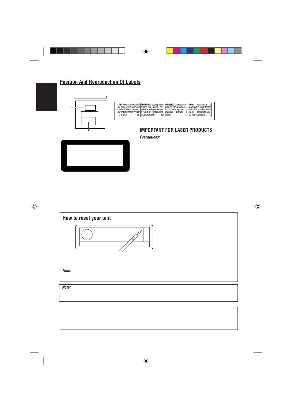 How to reset your unit, Position and reproduction of labels, English | Important for laser products, Class laser 1 product | JVC KD-LX330R User Manual | Page 2 / 44