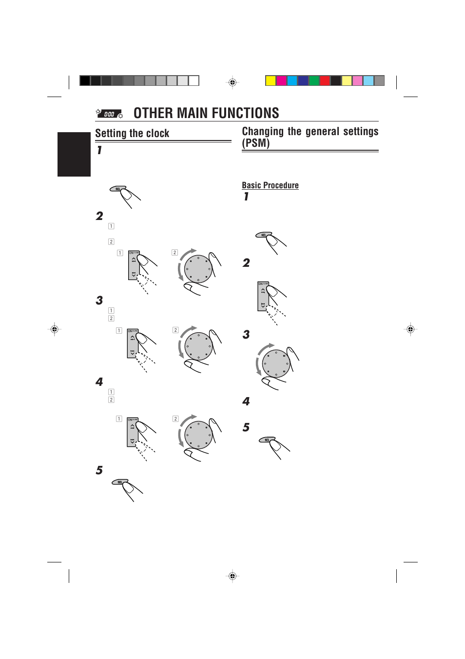 Other main functions, Setting the clock, Changing the general settings (psm) | Setting the clock 1 | JVC KD-LX330R User Manual | Page 22 / 44