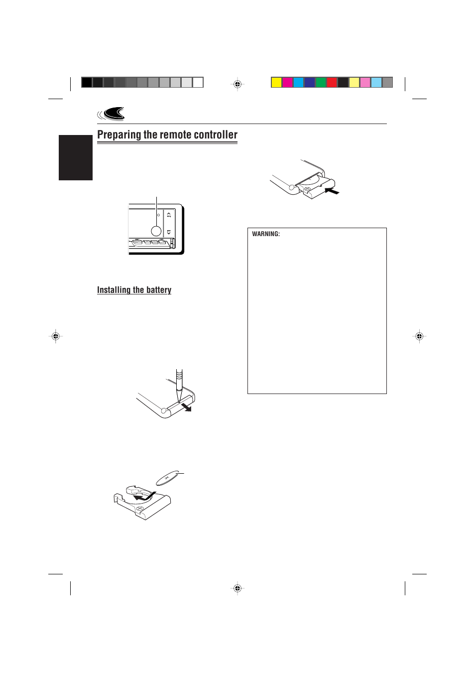 Preparing the remote controller, Installing the battery | JVC KD-LX330R User Manual | Page 6 / 44