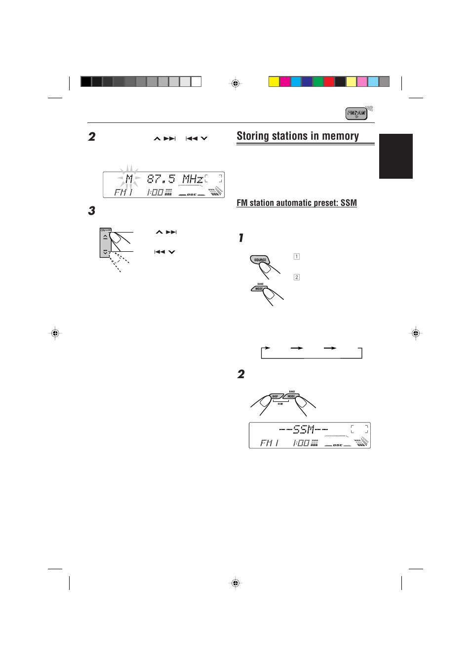 Storing stations in memory, Fm station automatic preset: ssm | JVC KD-LX330R User Manual | Page 9 / 44