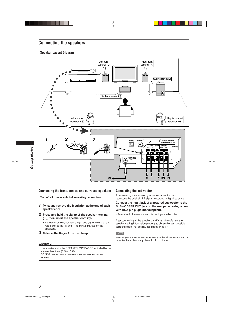 Connecting the speakers, Speaker layout diagram connecting the subwoofer | JVC RX-E12B User Manual | Page 10 / 45