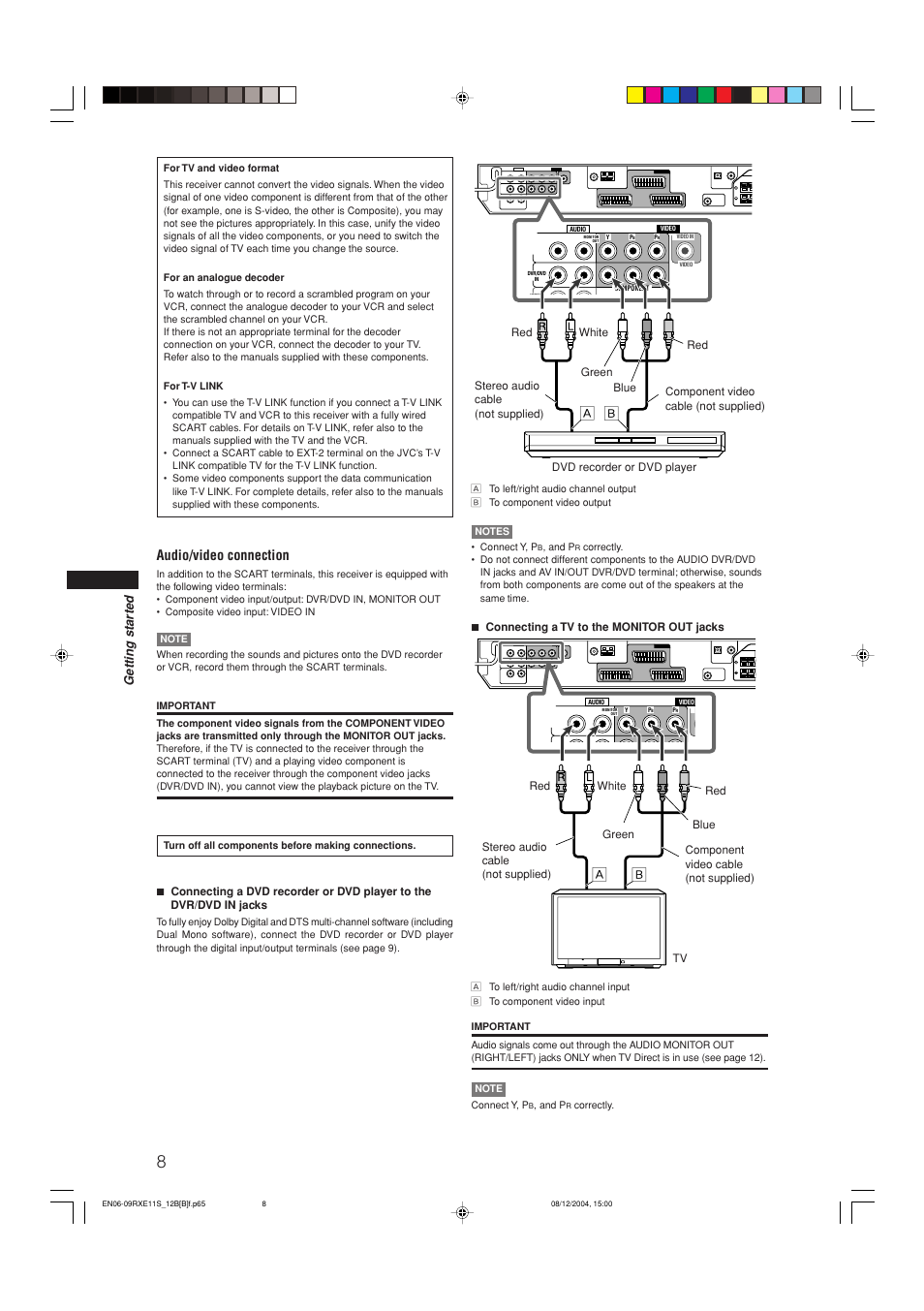 Audio/video connection, Getting star ted | JVC RX-E12B User Manual | Page 12 / 45