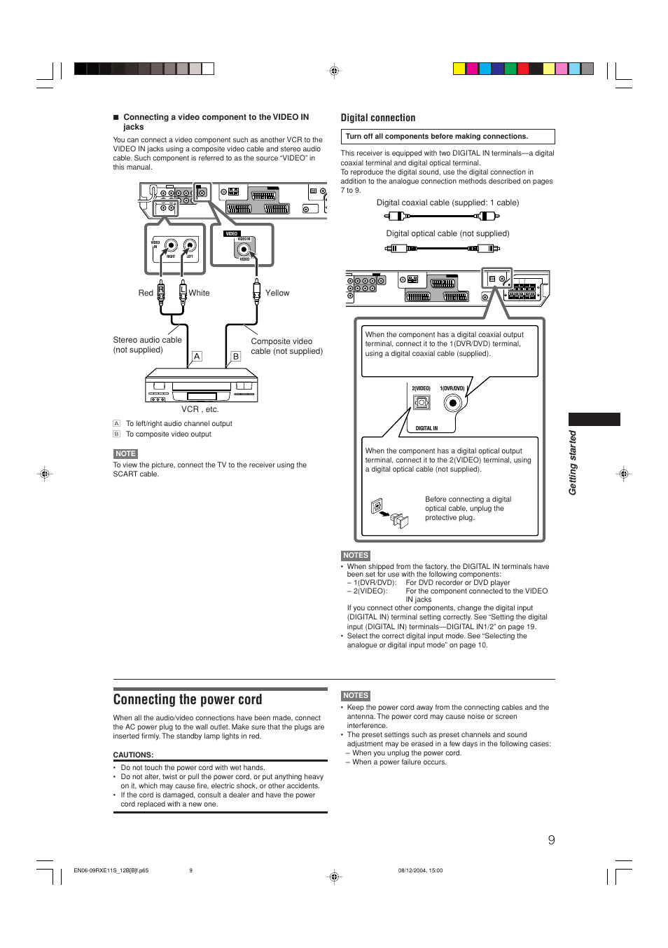 Connecting the power cord, Digital connection | JVC RX-E12B User Manual | Page 13 / 45