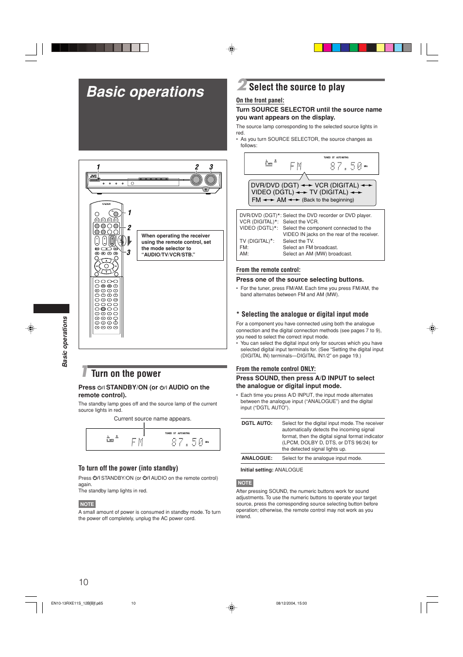 Basic operations, Select the source to play, Turn on the power | Selecting the analogue or digital input mode | JVC RX-E12B User Manual | Page 14 / 45