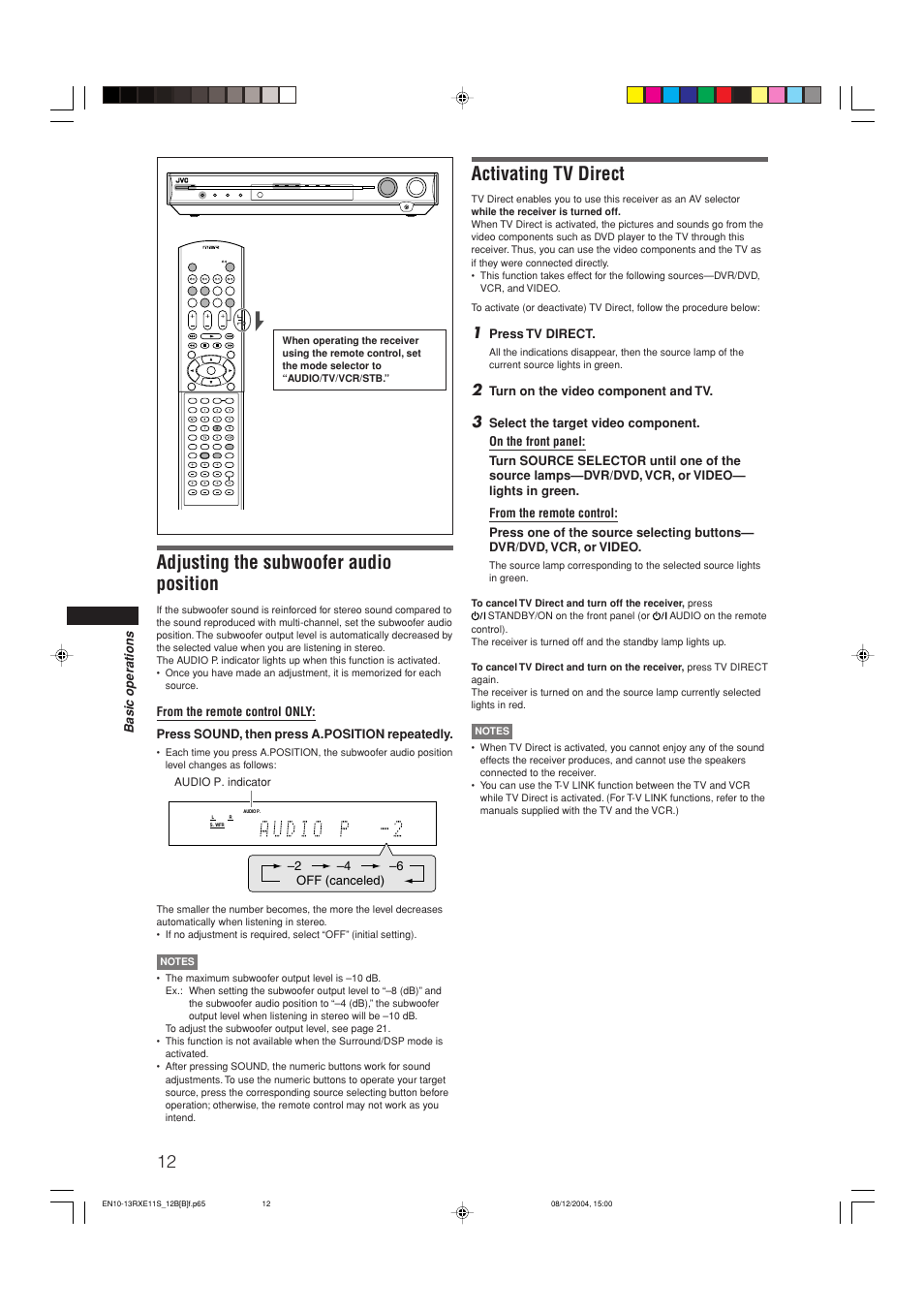 Adjusting the subwoofer audio position, Activating tv direct | JVC RX-E12B User Manual | Page 16 / 45