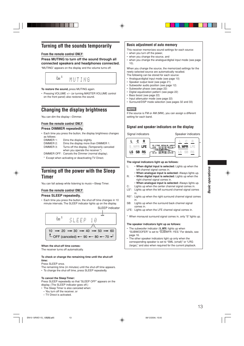 Turning off the sounds temporarily, Changing the display brightness, Turning off the power with the sleep timer | Signal and speaker indicators on the display, Basic operations | JVC RX-E12B User Manual | Page 17 / 45