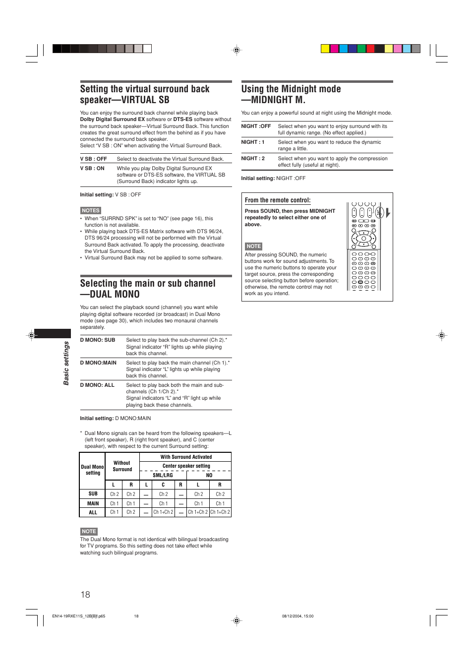 Selecting the main or sub channel —dual mono, Using the midnight mode —midnight m | JVC RX-E12B User Manual | Page 22 / 45