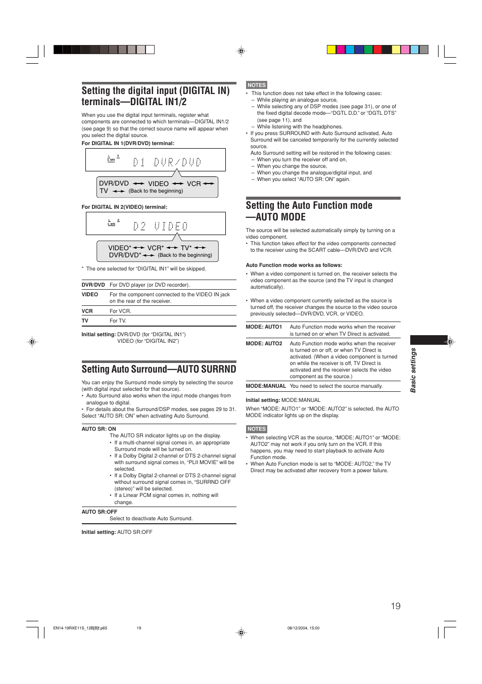 Setting auto surround—auto surrnd, Setting the auto function mode —auto mode, Basic settings | Video* vcr* tv, Dvr/dvd, Dvr/dvd video vcr | JVC RX-E12B User Manual | Page 23 / 45