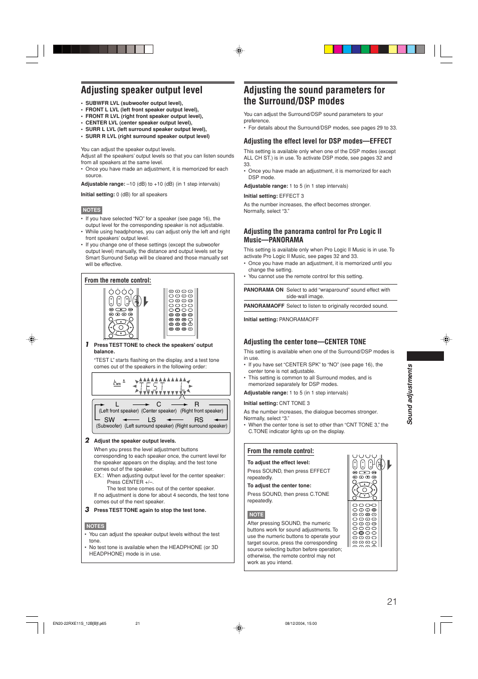 Adjusting speaker output level, Adjusting the effect level for dsp modes—effect, Adjusting the center tone—center tone | JVC RX-E12B User Manual | Page 25 / 45