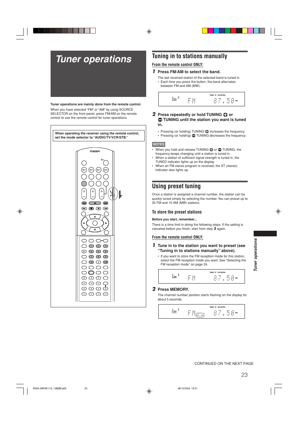 Tuning in to stations manually, Using preset tuning, Tuner operations | Press fm/am to select the band | JVC RX-E12B User Manual | Page 27 / 45