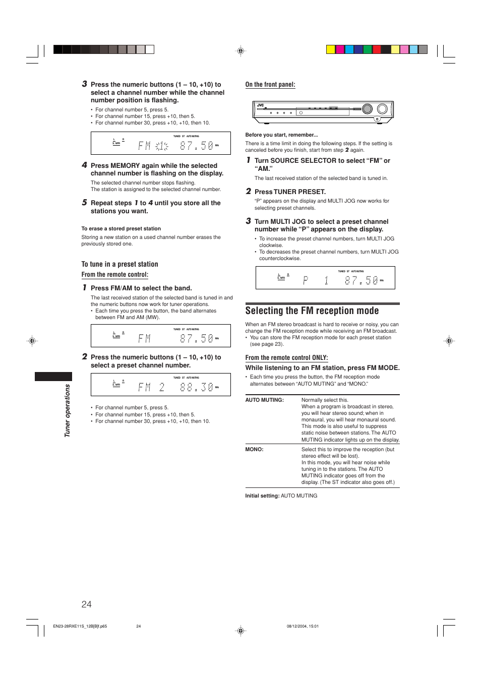 Selecting the fm reception mode, Tuner operations, Press fm/am to select the band | On the front panel, Turn source selector to select “fm” or “am, Press tuner preset | JVC RX-E12B User Manual | Page 28 / 45