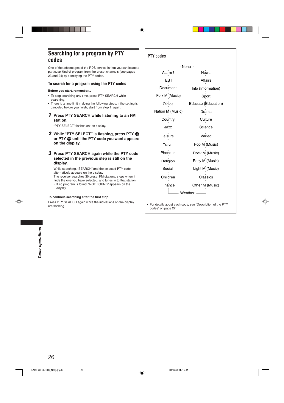 Searching for a program by pty codes | JVC RX-E12B User Manual | Page 30 / 45