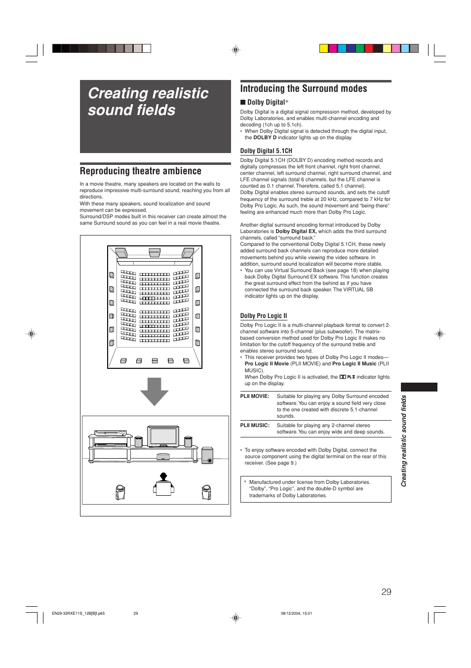 Creating realistic sound fields, Reproducing theatre ambience, Introducing the surround modes | JVC RX-E12B User Manual | Page 33 / 45