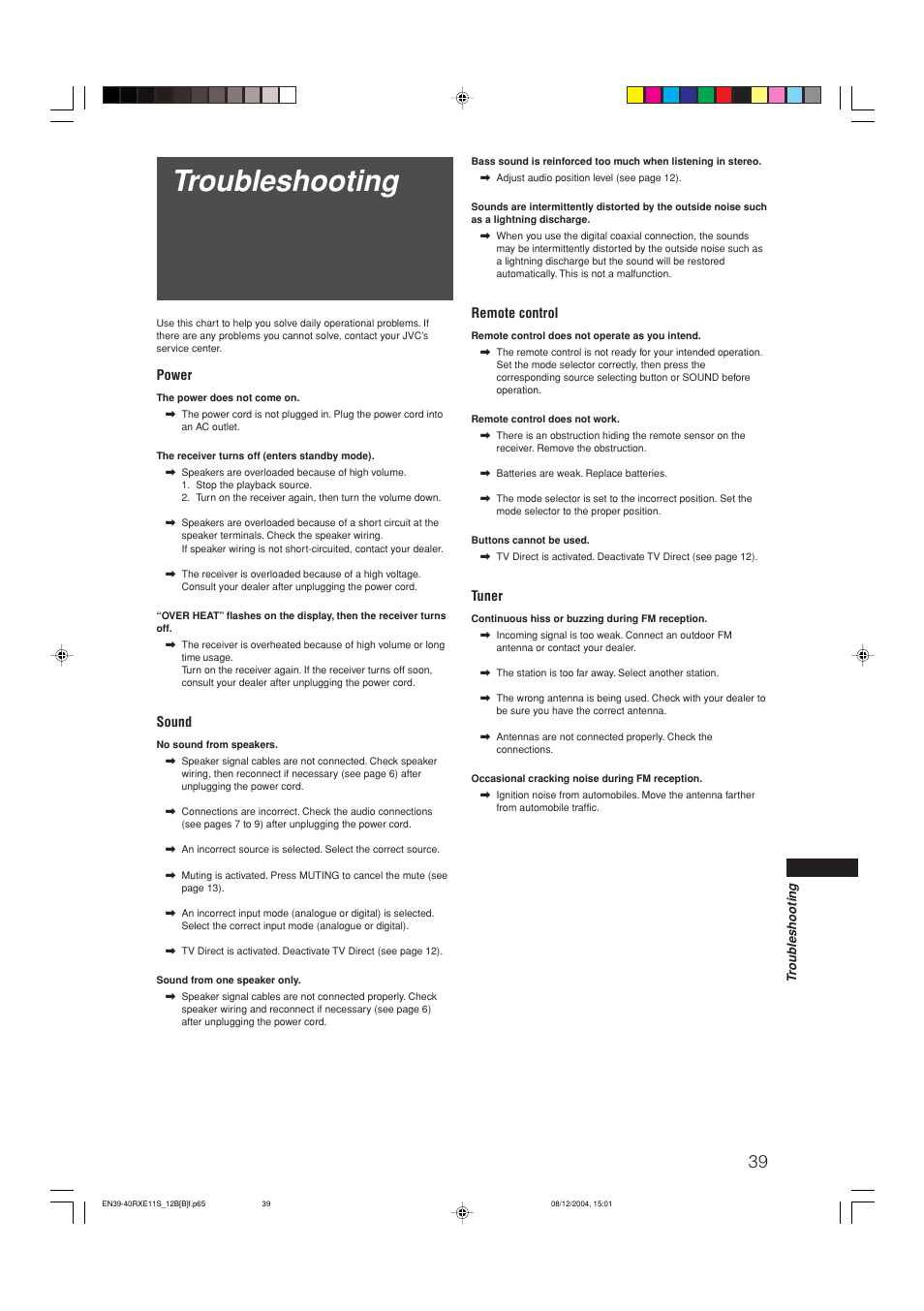 Troubleshooting | JVC RX-E12B User Manual | Page 43 / 45