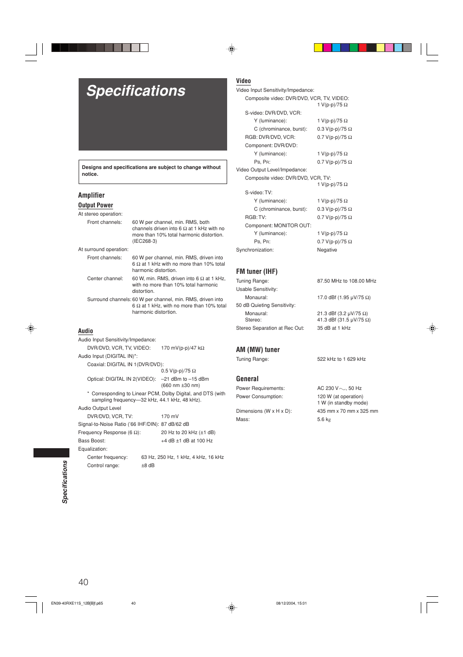 Specifications, Amplifier, Fm tuner (ihf) | Am (mw) tuner, General | JVC RX-E12B User Manual | Page 44 / 45