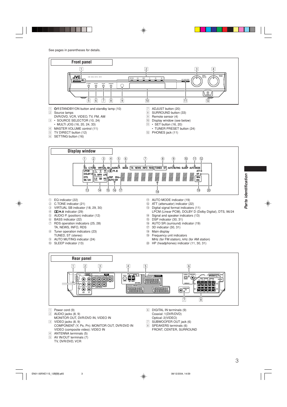 Front panel, Display window, Rear panel | Pa rts identification | JVC RX-E12B User Manual | Page 7 / 45