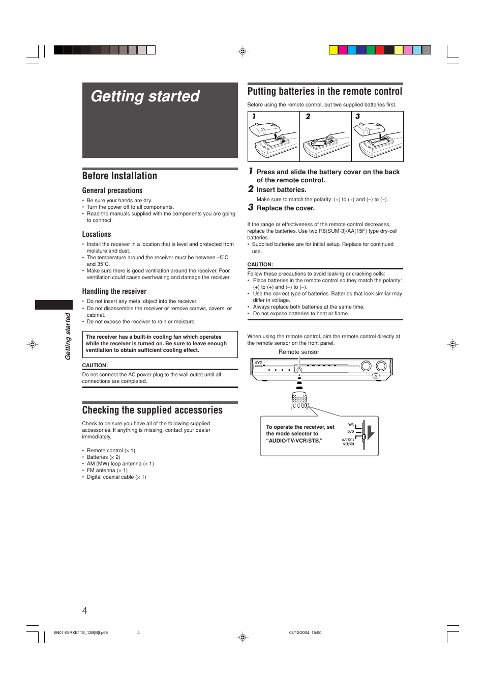 Getting started, Before installation, Checking the supplied accessories | Putting batteries in the remote control | JVC RX-E12B User Manual | Page 8 / 45