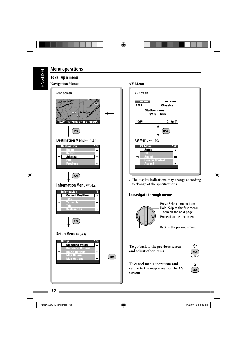 Menu operations, 12 english, Destination menu | Information menu, Setup menu | JVC LVT1627-001A User Manual | Page 138 / 252